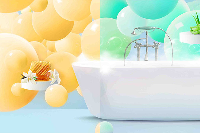 Two different colored pictures side by side completing the picture of a bathtub with soap bubbles - Active product launch - visual unity