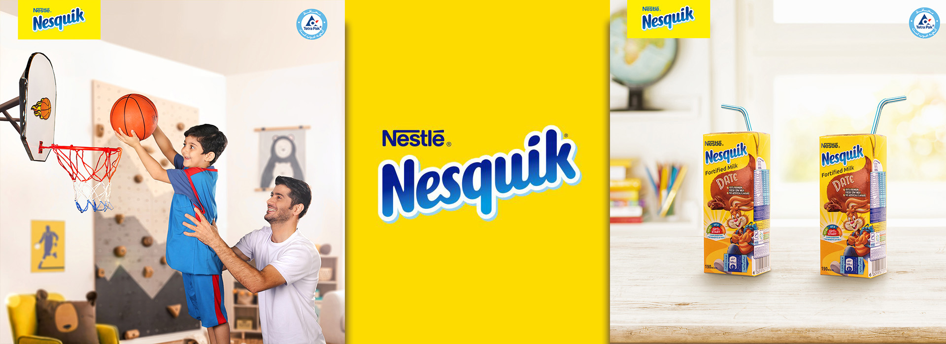 Nesquik logo, drinks and a father and child playing basketball