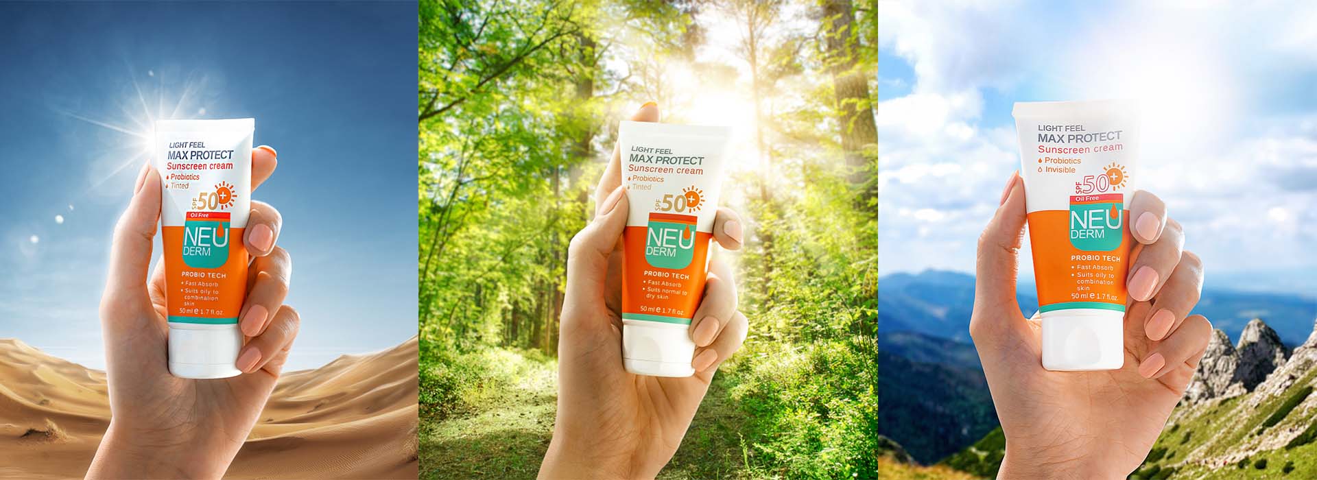 Hands holding Neuderm sunscreen against three different backgorunds: desert, forest and mountains
